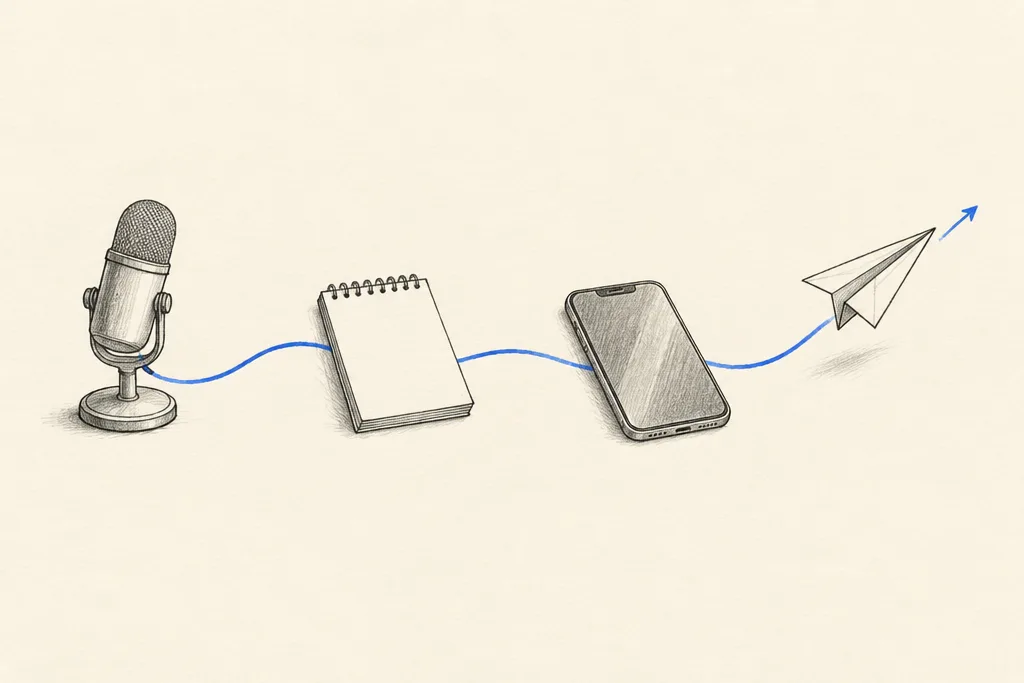 Hand drawn sketch: 4 simple objects in a row, a microphone, a notepad, a phone and a paper plane, joined by 1 blue line