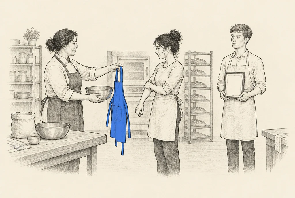 Hand drawn sketch: A bakery owner handing an apron and a mixing bowl to a young worker while another candidate stands beside them holding up a framed certificate