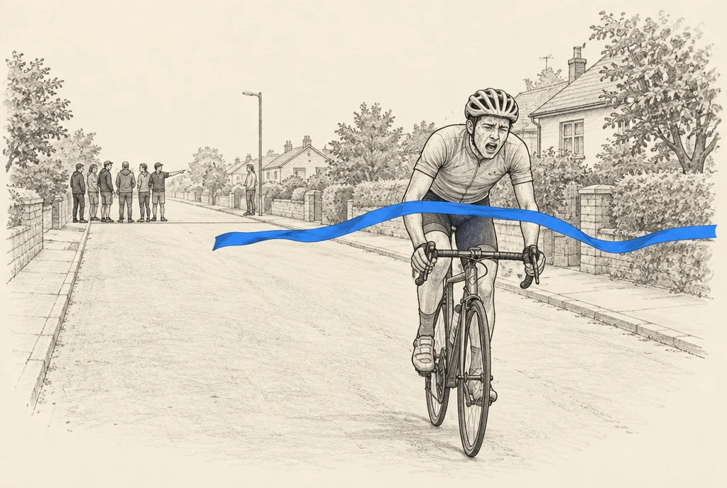 Hand drawn sketch: One cyclist breaking the ribbon at the finish of a small street race while a group of people still stand at the start line talking and pointing at the road