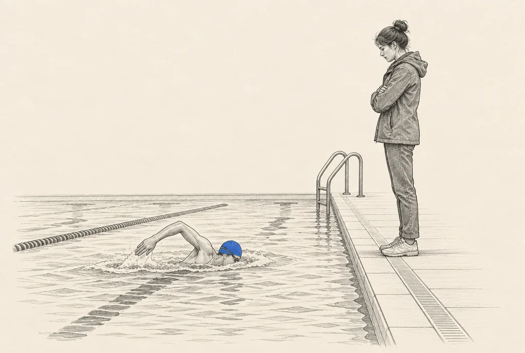 Hand drawn sketch: One person swimming a clean lap in a pool while another stands at the edge in shoes with folded arms, still deciding