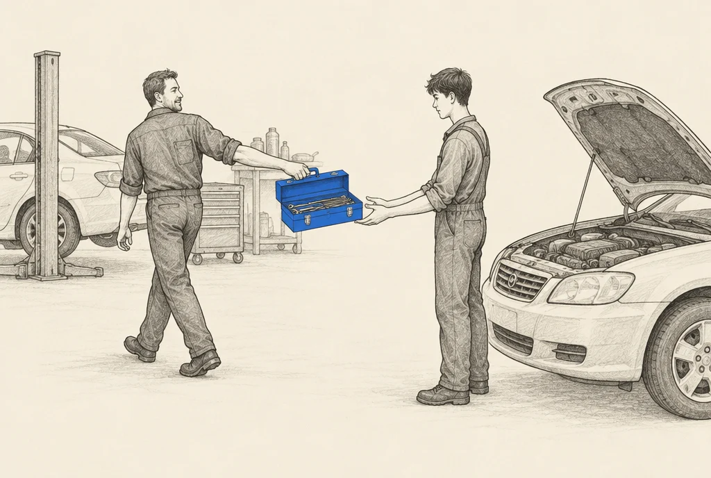 Hand drawn sketch: A mechanic handing an open toolbox to a new worker and walking away to another car, leaving the new worker to begin alone