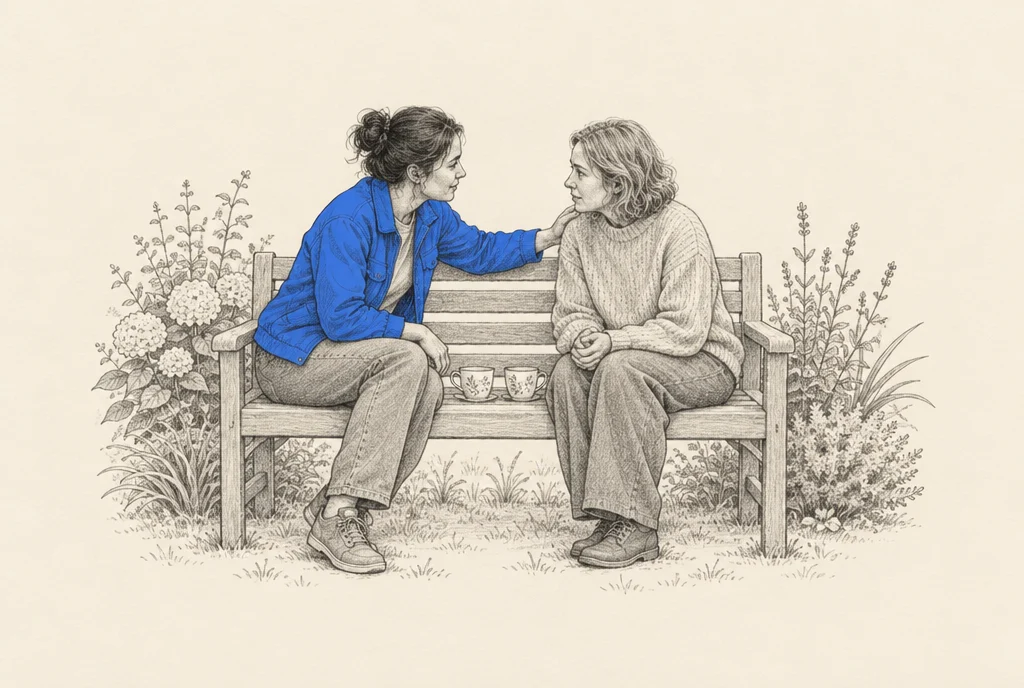 Hand drawn sketch: 2 people sitting on a garden bench facing each other, one leaning in and listening closely with a hand on the other's shoulder, 2 tea cups between them