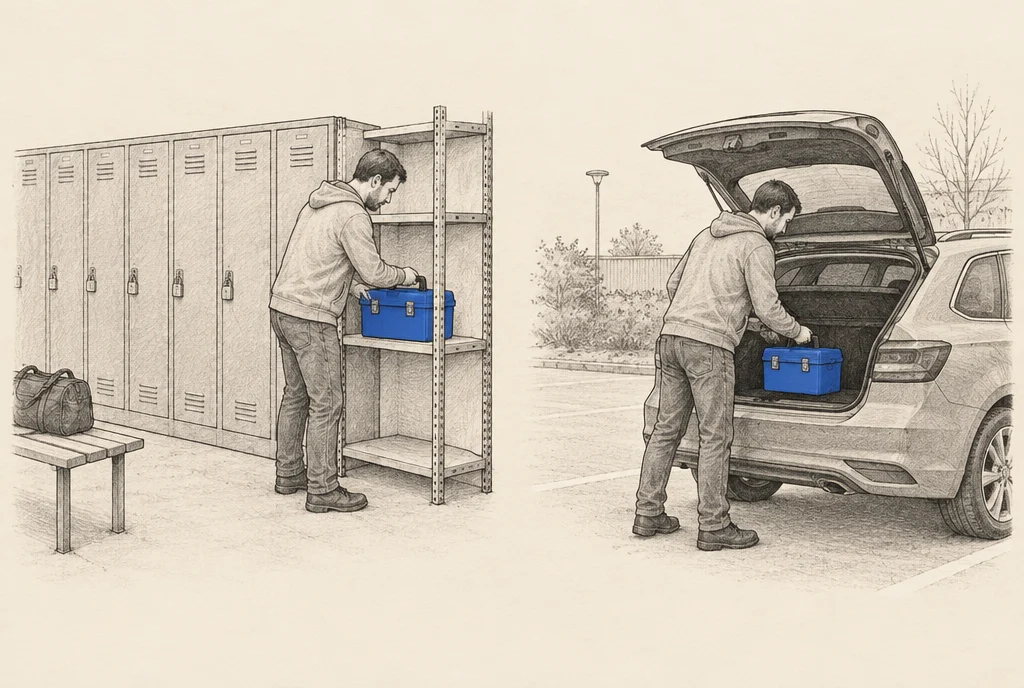 Hand drawn sketch: A man lifting his own toolbox out of a rented locker room and putting it into the boot of his own car