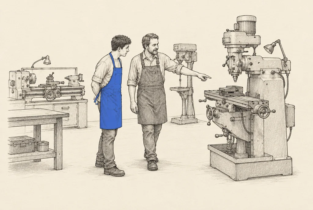 Hand drawn sketch: A workshop owner walking a new worker around the machines on his first morning, pointing things out