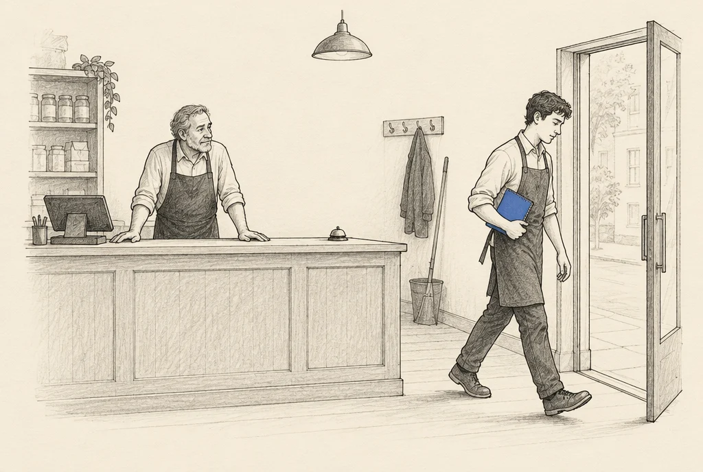 Hand drawn sketch: A shop assistant walking out at closing time with the order notebook tucked under his arm, the shelves behind him empty of it
