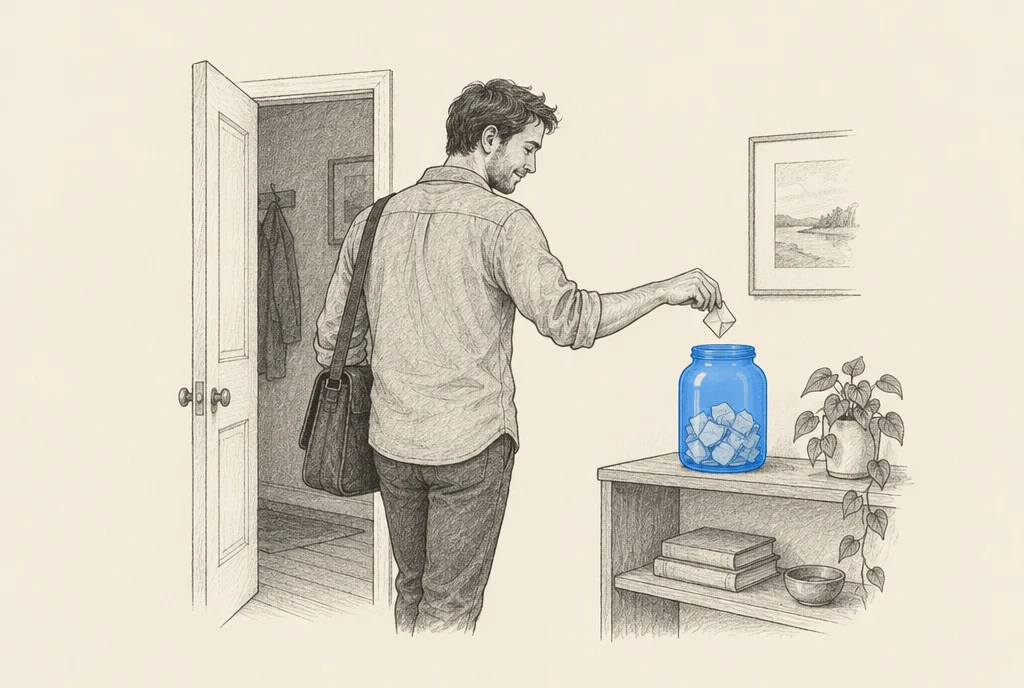 Hand drawn sketch: A man dropping 1 folded note into a big glass jar on a shelf at home on his way out of the room, the jar already half full