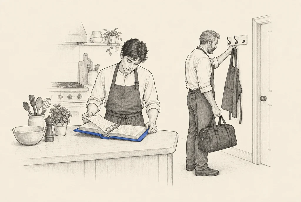 Hand drawn sketch: A young cook reading a thick handwritten recipe binder in a kitchen while the older cook hangs up his apron to leave