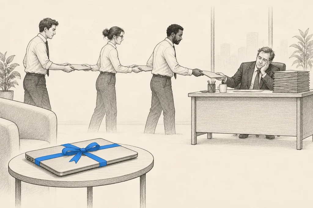 Hand drawn sketch: A new laptop tied with a blue ribbon sits untouched on a side table, while 3 office workers pass a folder by hand to a tired owner at a desk