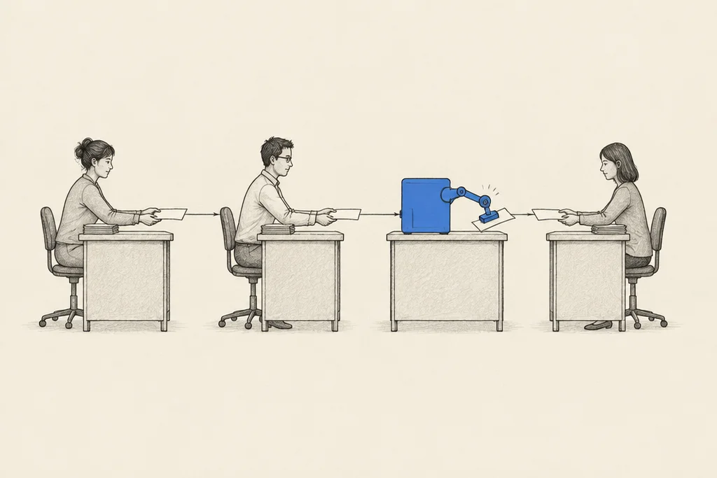 Hand drawn sketch: A row of 4 desks passing a sheet of paper along, where the third desk has a small blue machine instead of a person, stamping the sheet and handing it on