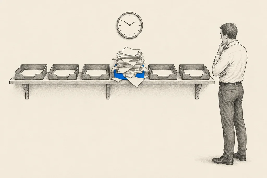Hand drawn sketch: A shelf of 6 letter trays where only the blue tray in the middle overflows with paper, while a man stands looking at it