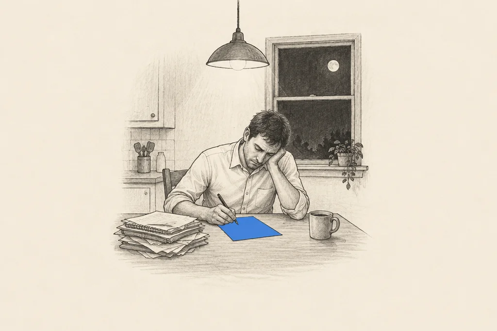 Hand drawn sketch: A tired man writing alone at his kitchen table late at night under a hanging lamp, with a pile of notes and a cup of coffee, the sheet he writes on in blue