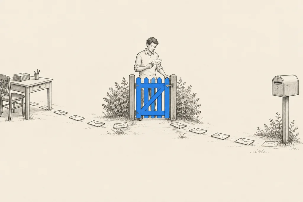 Hand drawn sketch: A path of envelopes from a desk to a mailbox, with a man at a small blue gate halfway, reading an envelope before he lets it through