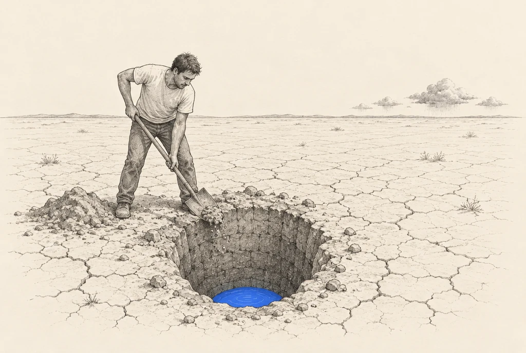 Hand drawn sketch: A man digging a well in dry cracked ground, a small pool of water already at the bottom, rain clouds only just forming far away