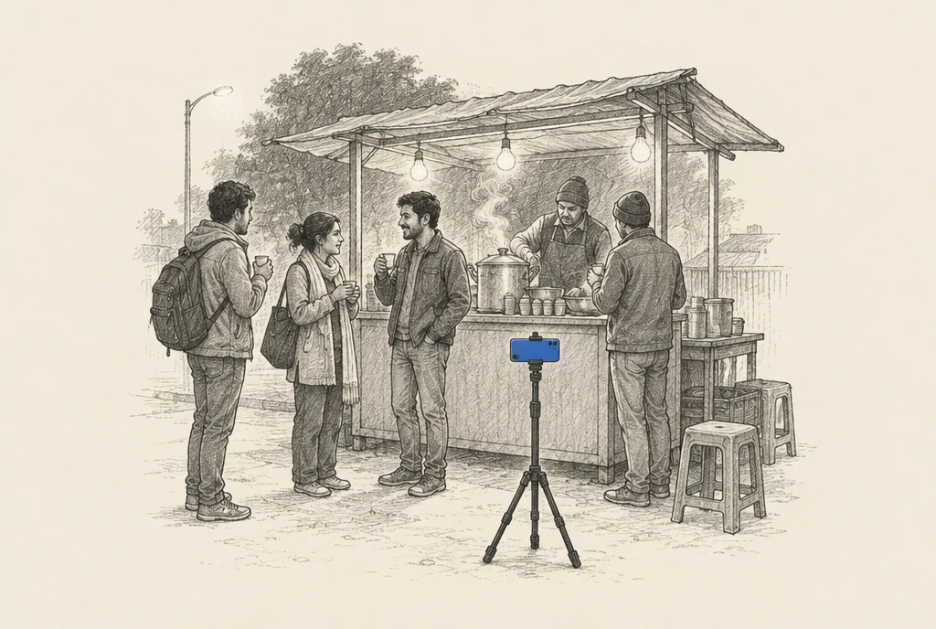 Hand drawn sketch: A street tea stall at night with customers chatting, a phone on a small tripod quietly filming the scene