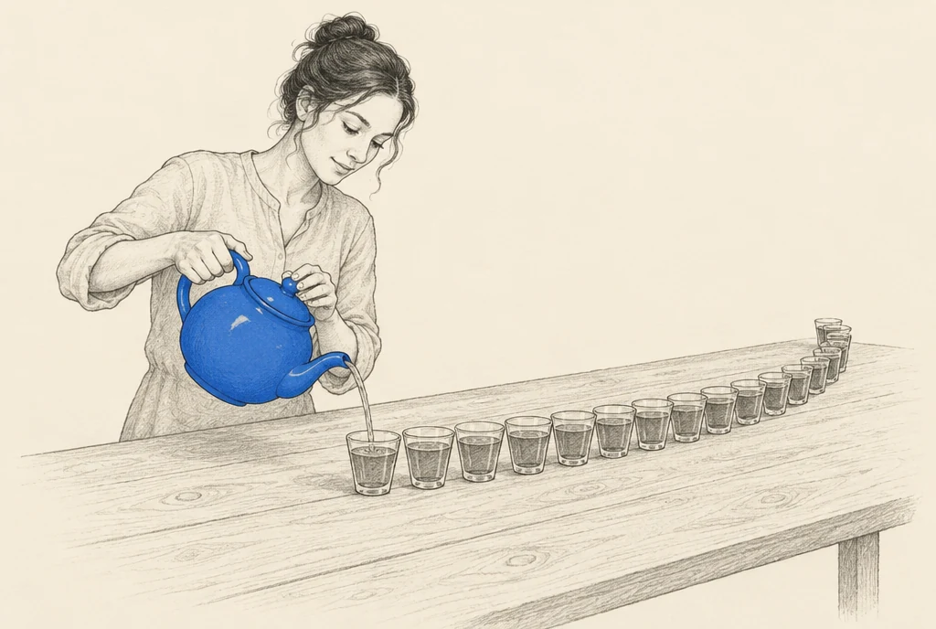 Hand drawn sketch: A woman pouring tea from 1 big teapot into a long row of small glass cups, every cup already filled