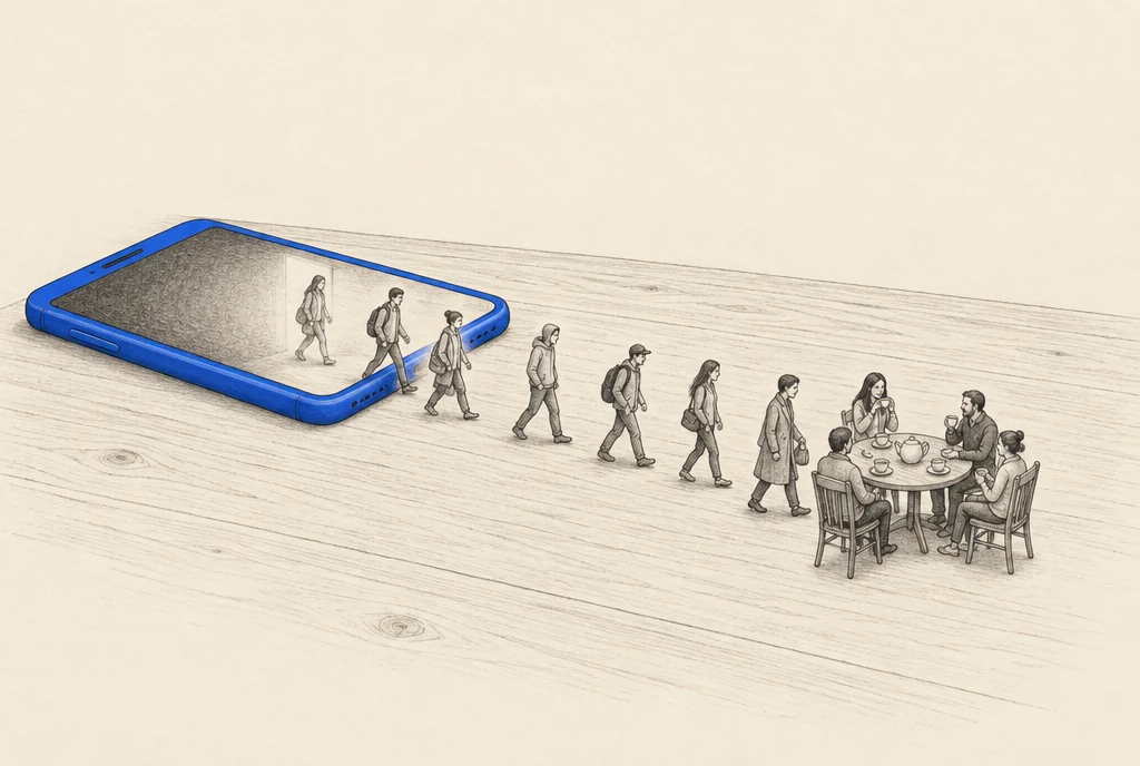 Hand drawn sketch: Tiny people walking out of a big phone lying on a table, across the table, to sit on real chairs around a small table with tea