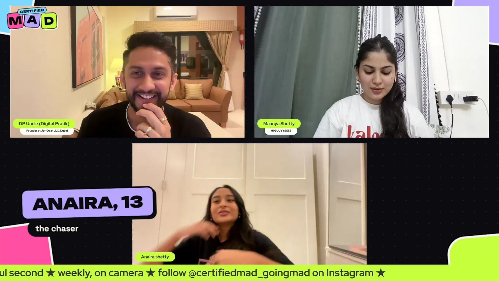 Screenshot: The show's studio during the recording: Digital Pratik laughing in his tile, the 2 sisters in their tiles, a name card and a ticker on screen