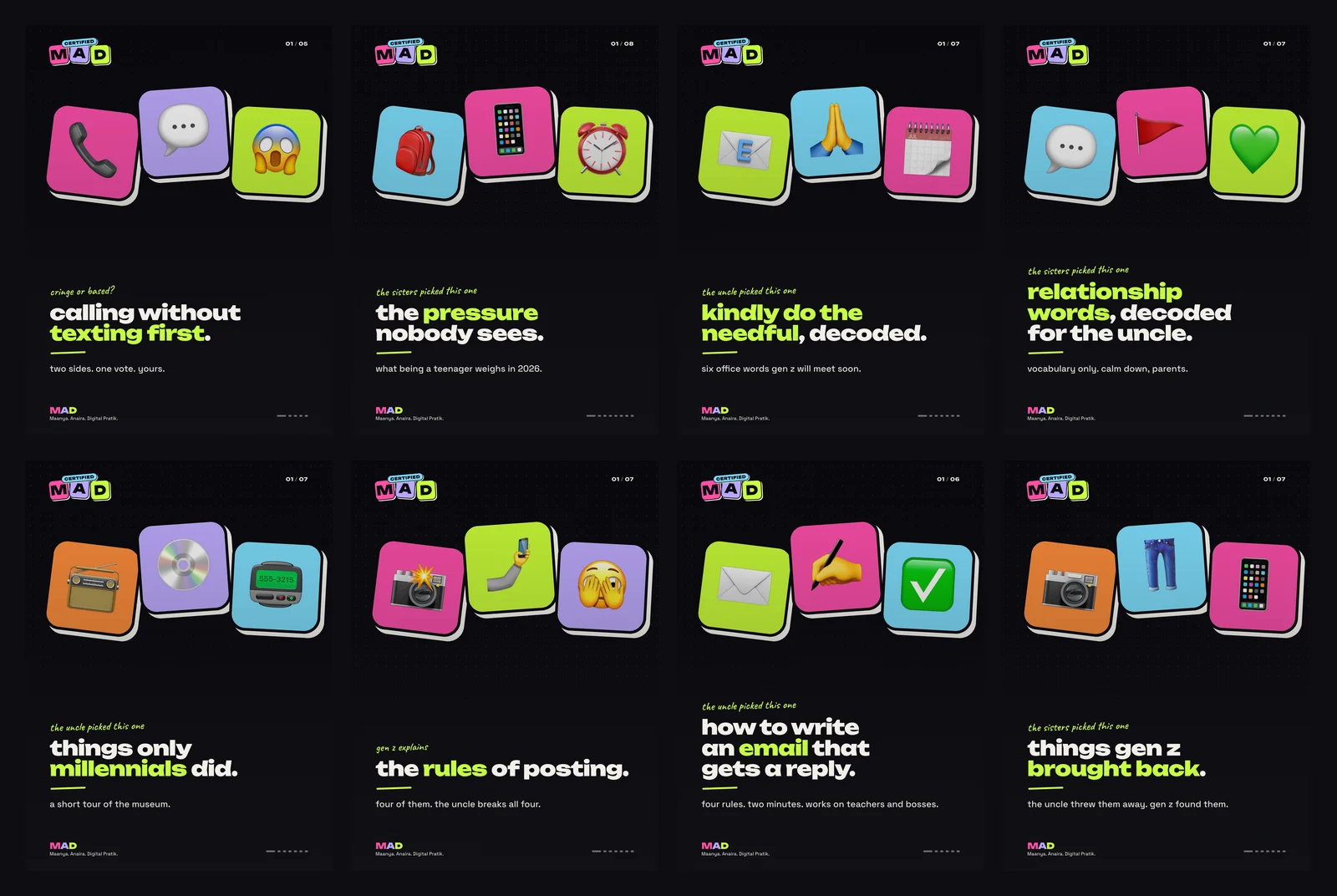 Screenshot: Eight post covers from the show's October board, colourful emoji tiles with lines like calling without texting first and the rules of posting