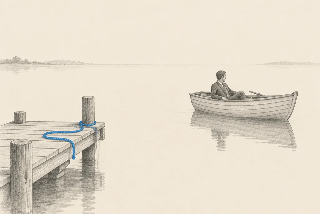 Hand drawn sketch: A man in a suit sitting calmly in a small rowing boat that has drifted away from a dock on still water, a loose rope lying on the dock
