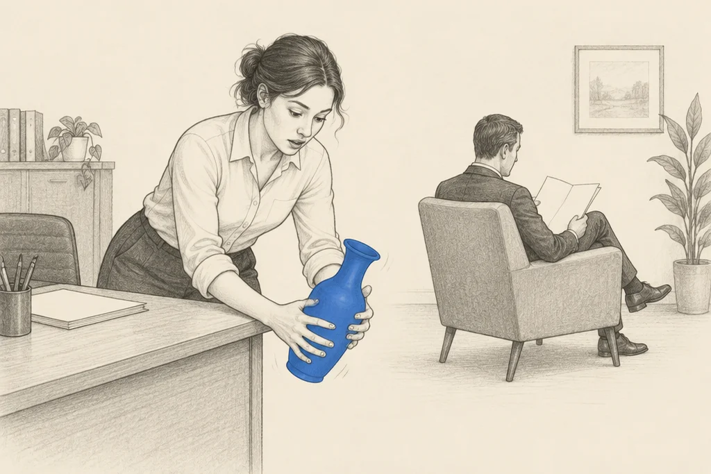 Hand drawn sketch: A woman in an office catching a falling vase just before it hits the floor, while a man in an armchair reads with his back to her