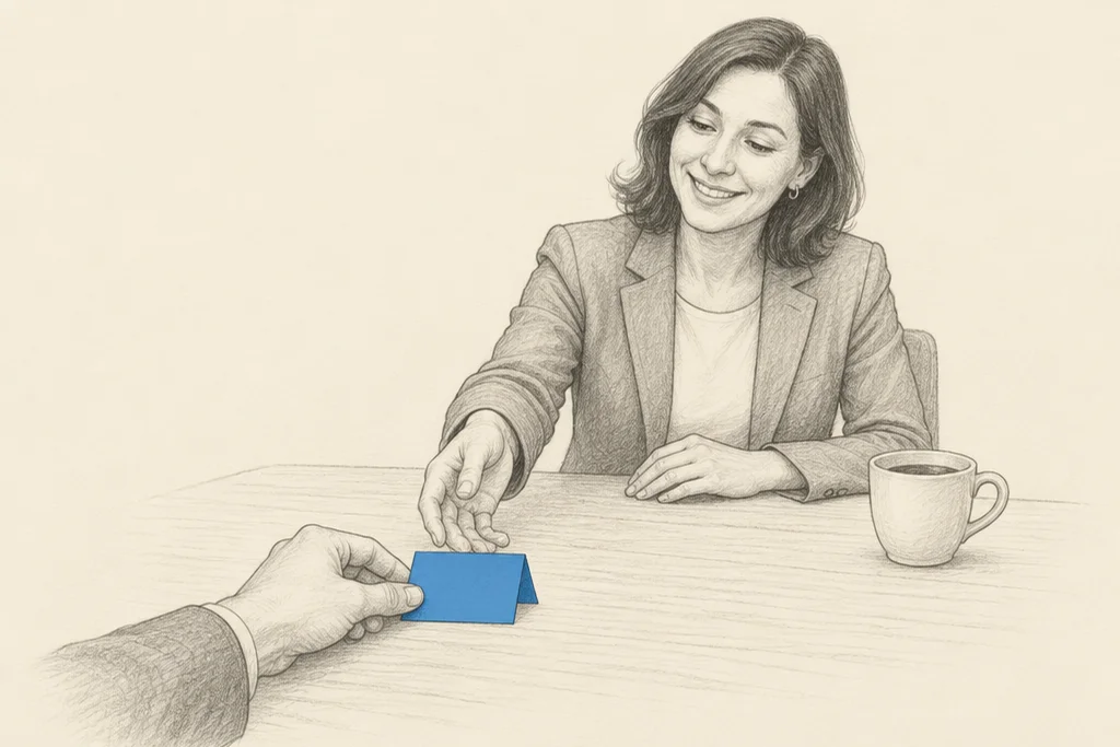 Hand drawn sketch: A hand sliding a small folded note card across a table to a smiling business owner, a coffee cup beside her