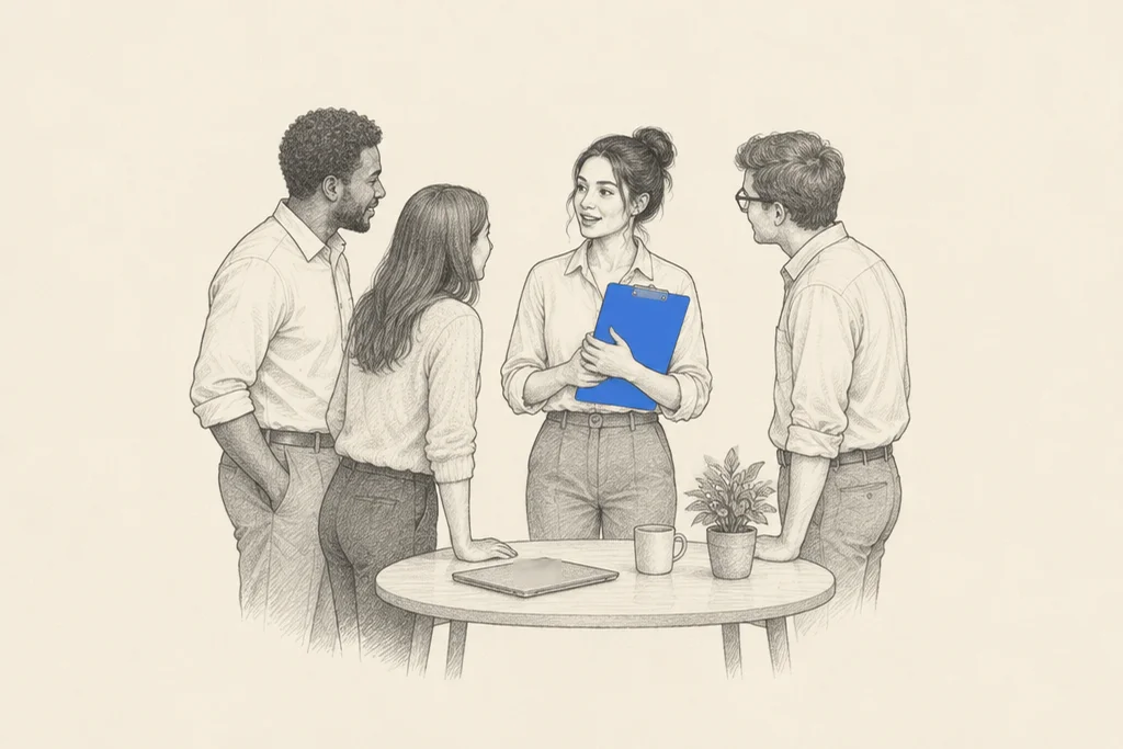 Hand drawn sketch: 4 colleagues standing around a small table, turned toward a young woman who holds a clipboard