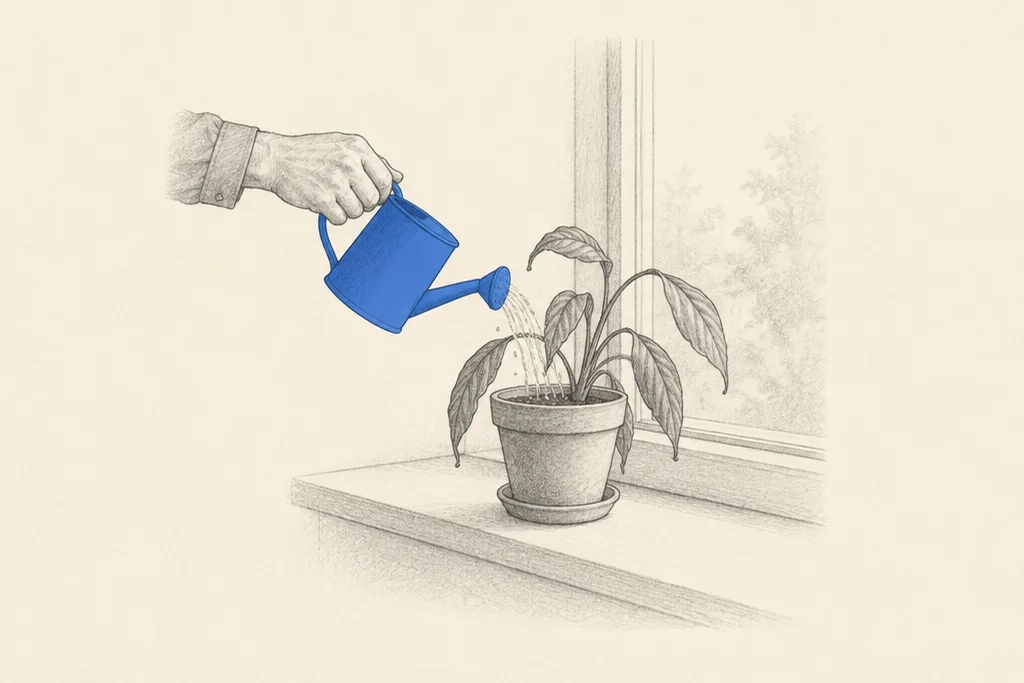 Hand drawn sketch: A hand pouring water from a watering can into a potted plant on a windowsill whose leaves have started to droop