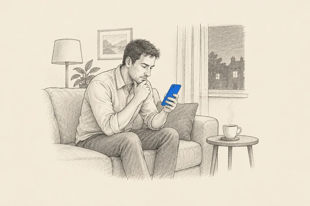 Hand drawn sketch: A man on a sofa at home in the evening, looking closely at his phone, a cup of tea beside him