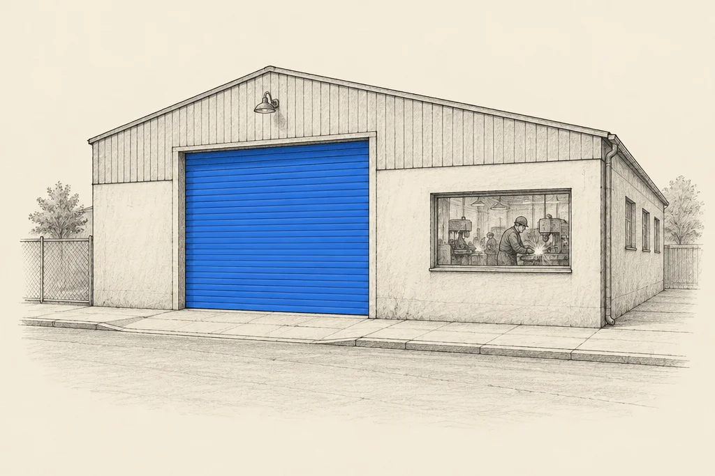 Hand drawn sketch: A factory seen from an empty street with its big shutter door pulled down, while through a side window workers are busy at machines