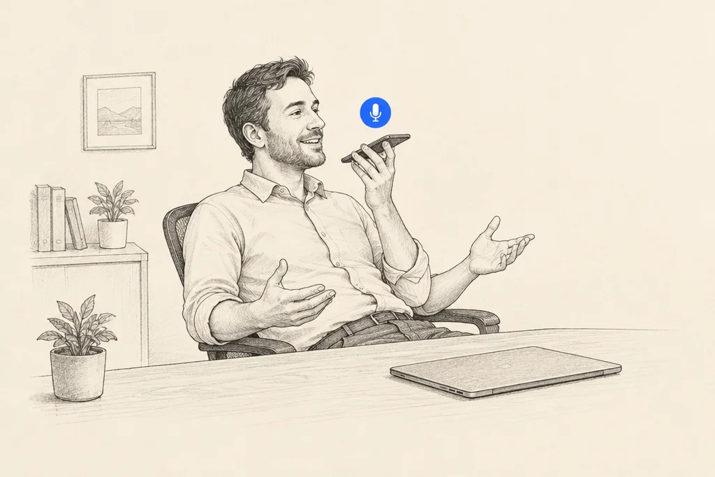 Hand drawn sketch: A smiling business owner leaning back in his office chair, talking into his phone to record a voice note