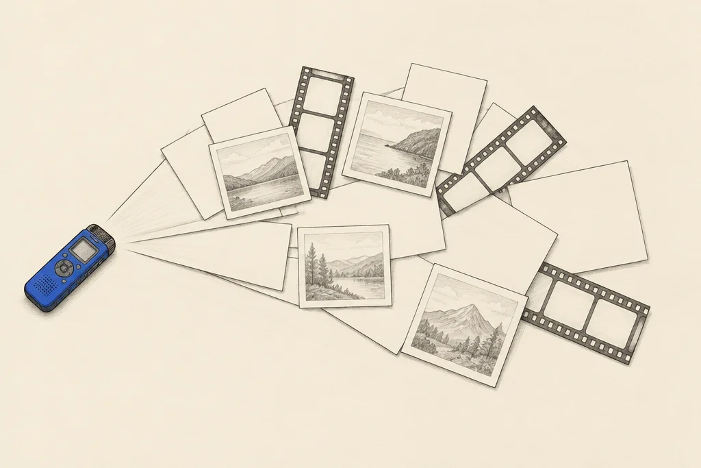 Hand drawn sketch: A small voice recorder on a table with many blank pages, photo cards and film strips fanning out from it
