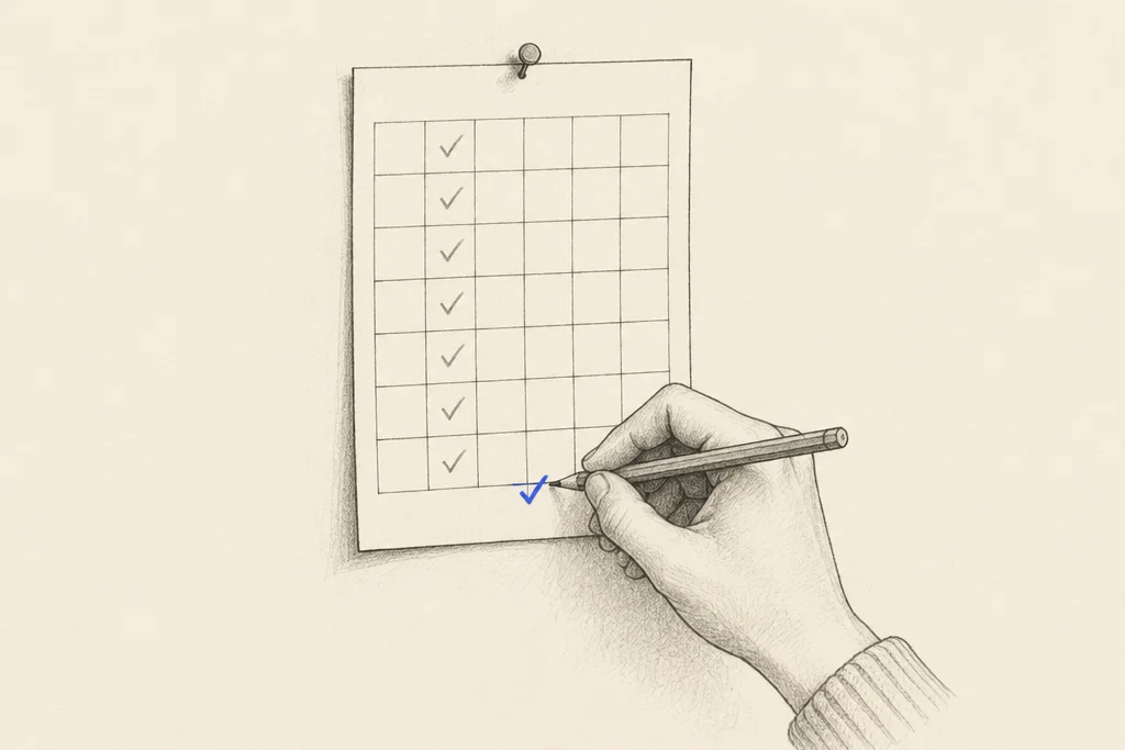 Hand drawn sketch: A hand drawing a new tick on a paper wall calendar, with a tick on every week above it