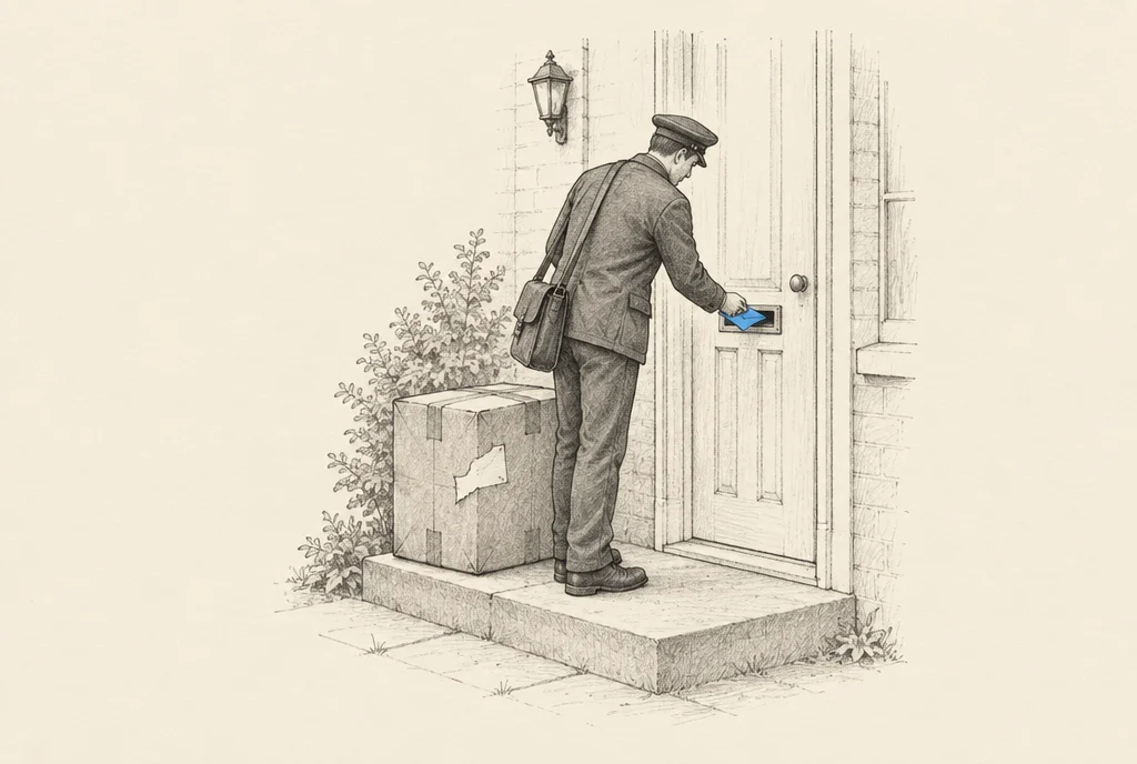 Hand drawn sketch: A postman dropping 1 small envelope into a letterbox while a huge parcel sits undelivered on the doorstep behind him