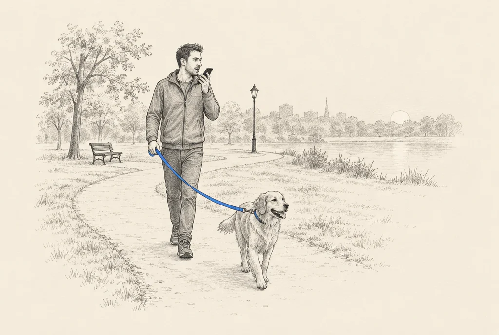 Hand drawn sketch: A man walking a dog along a park path in the early morning, holding his phone up near his mouth and talking into it