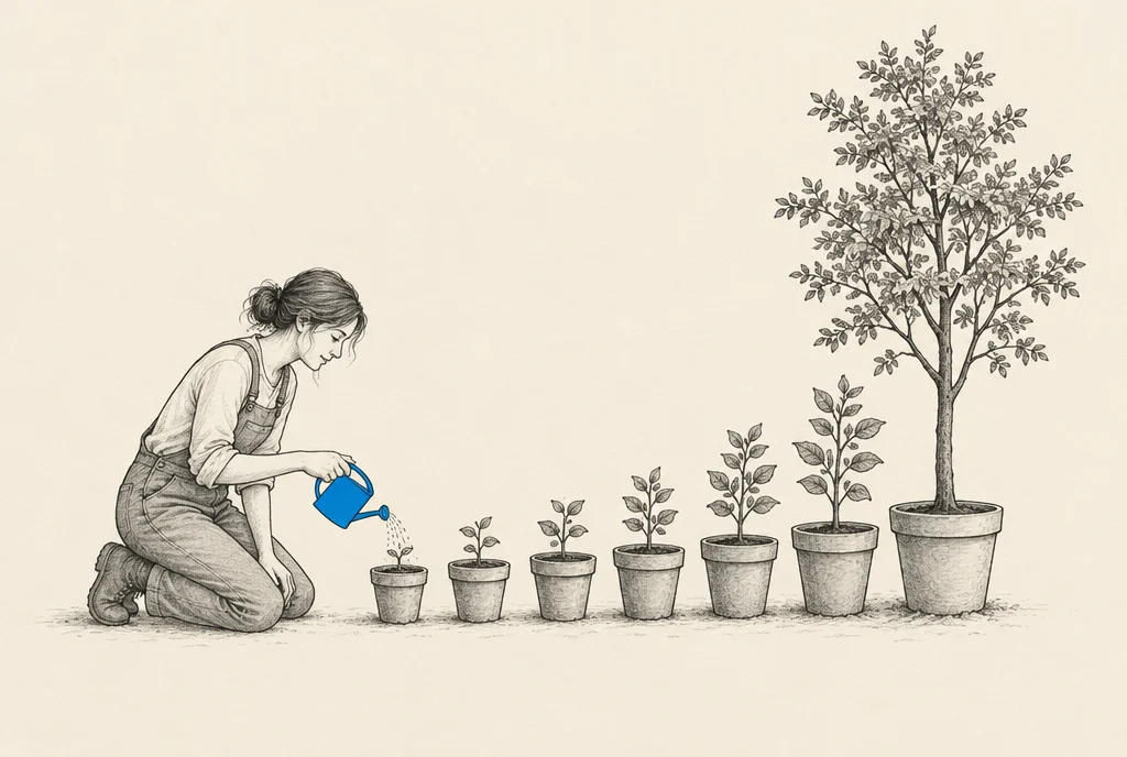 Hand drawn sketch: A gardener tipping 1 small watering can over a young seedling in a long row of pots, with a tall grown tree in the pot at the far end