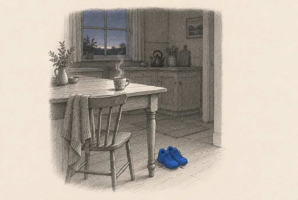 Hand drawn sketch: A kitchen table early in the morning with a cup of tea and a pair of walking shoes placed neatly beside the chair, the house still dim