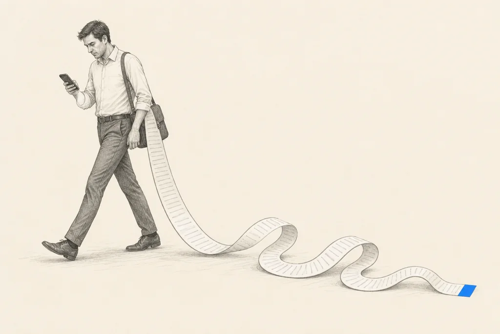Hand drawn sketch: A man walking while looking at his phone, a long paper scroll trailing behind him, only its last small piece coloured blue