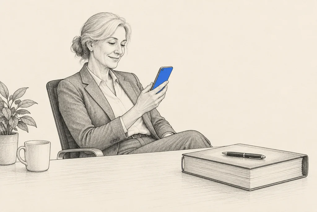 Hand drawn sketch: A woman at her desk smiling at her phone, a thick closed document left untouched on the corner of the desk