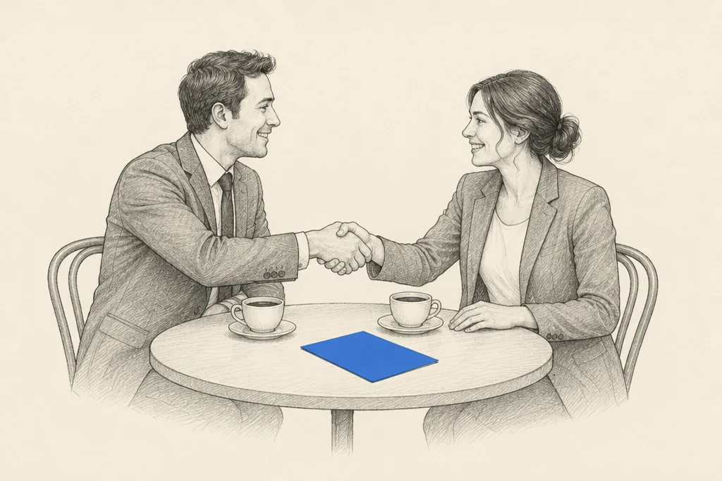 Hand drawn sketch: 2 people shaking hands across a cafe table, a single sheet of paper waiting face down beside the coffee cups