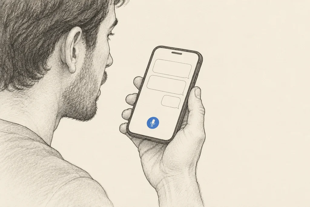 Hand drawn sketch: A man holding his phone near his face, recording a voice message, a small blue microphone button on the screen