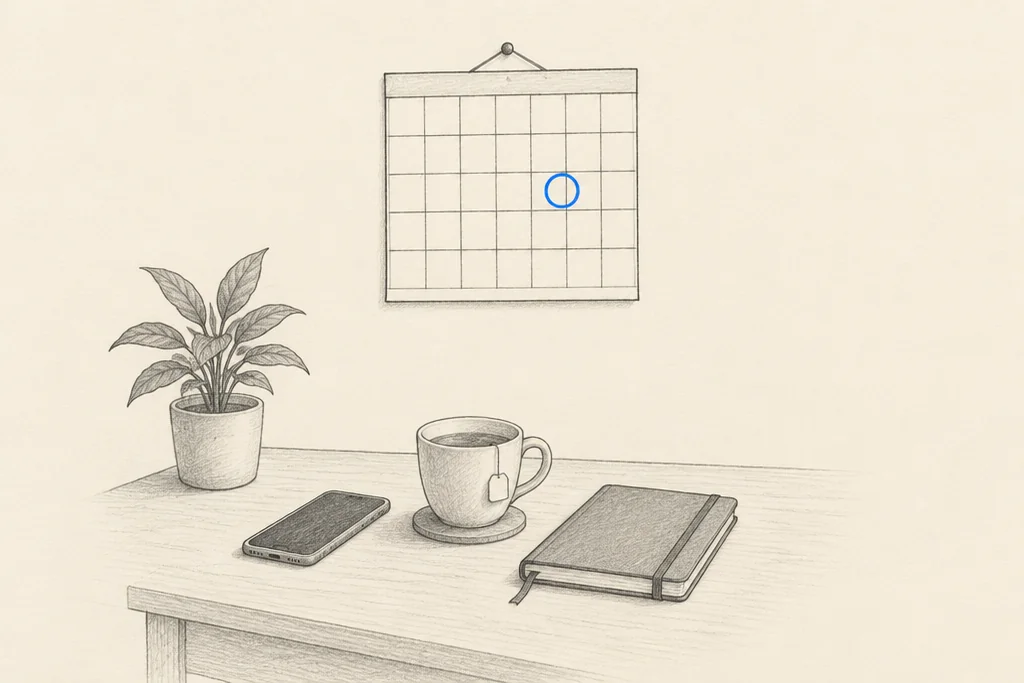 Hand drawn sketch: A wall calendar with 1 day circled in blue above a desk with a phone, a cup of tea and a notebook