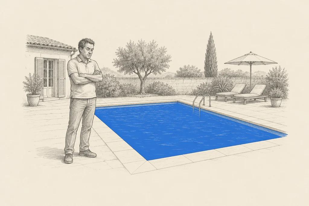 Hand drawn sketch: A man stands at the edge of a finished backyard pool with his arms crossed and a doubtful face