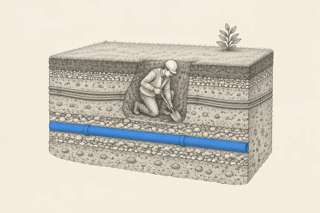 Hand drawn sketch: A cut away slice of ground with a neat lawn on top and, hidden underneath, gravel, cables, a water pipe and a worker digging