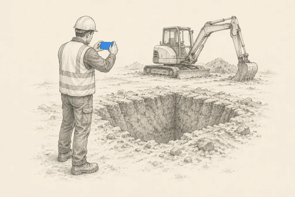 Hand drawn sketch: A site worker in a hard hat films a freshly dug hole on his phone, a small digger behind him