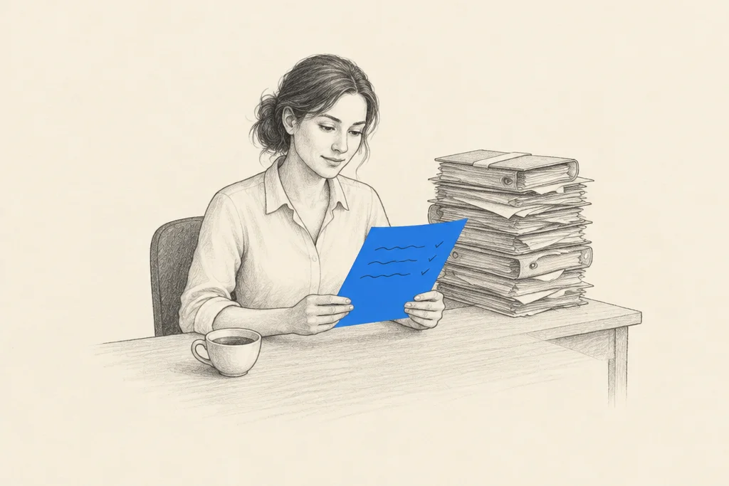 Hand drawn sketch: A woman at a desk calmly reads a single page with a few ticks on it, a tall messy stack of folders beside her