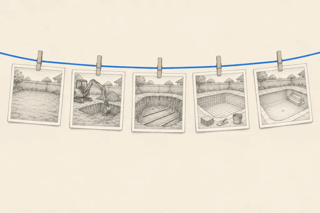 Hand drawn sketch: 5 small photos of a pool being built, from bare ground to finished shape, hanging from 1 blue string with wooden pegs