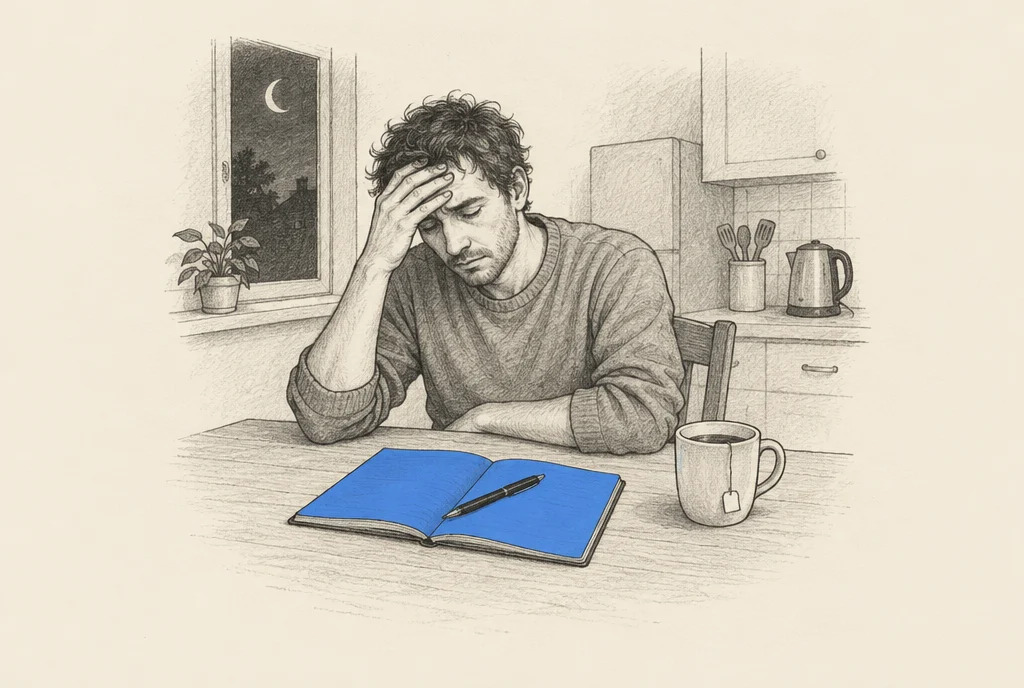 Hand drawn sketch: A tired man at a kitchen table late at night in front of an open empty notebook with a pen on it and a cold cup of tea beside it