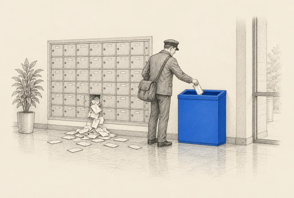 Hand drawn sketch: A postman in a building lobby turning away from a wall of small letterboxes with letters spilling on the floor, dropping every letter into one single wide box instead