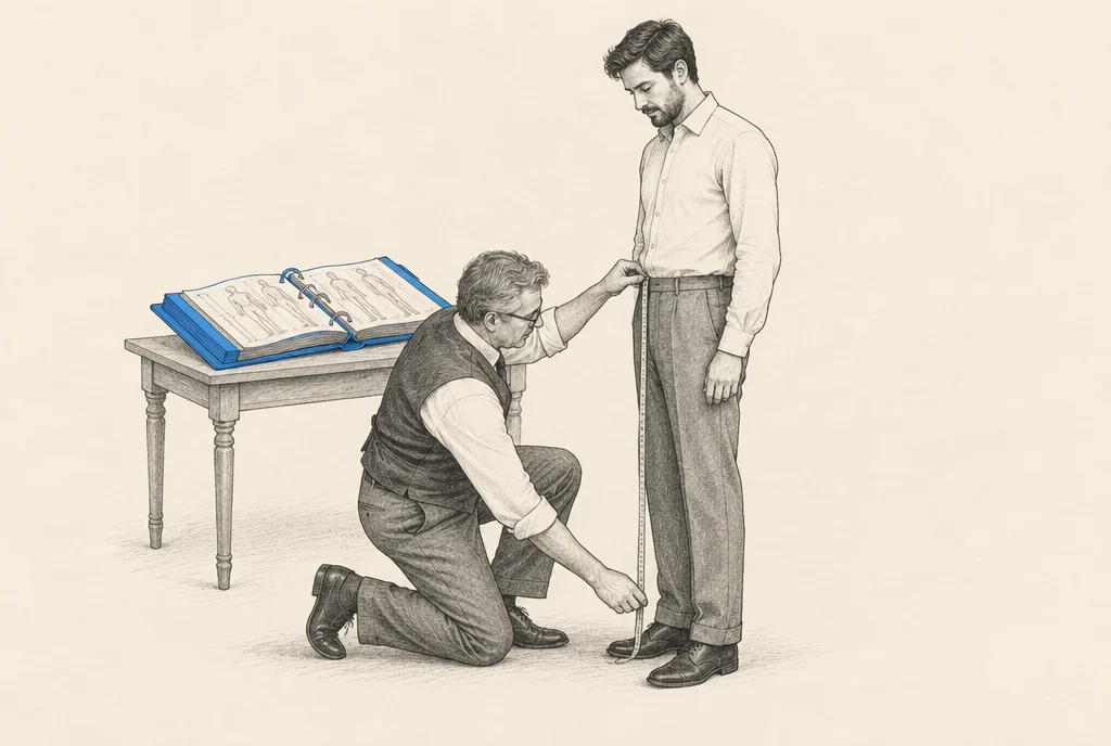 Hand drawn sketch: A tailor kneeling with a measuring tape around a standing customer, a thick old file of that customer's past measurements lying open on the table behind them