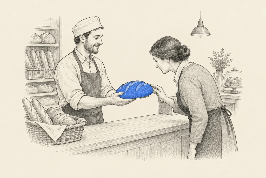 Hand drawn sketch: A baker holding a fresh loaf of bread out over the counter while the shop owner leans in and looks it over closely before taking it